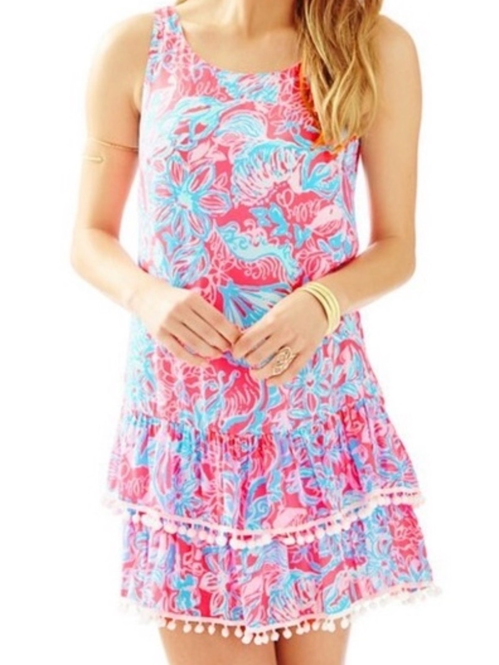 Lilly Pulitzer Natashia Pink Sun Ray Summer Siren Pom Pom Layered Dress XXS